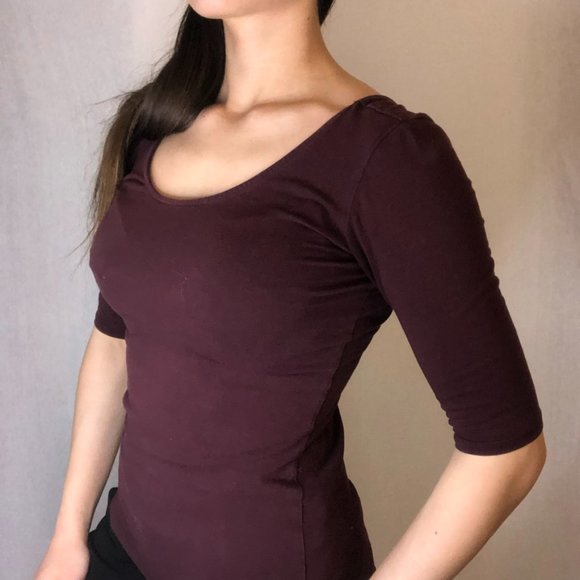 Burgundy Scoop Necked Mid Sleeve Shirt - Picture 3 of 6